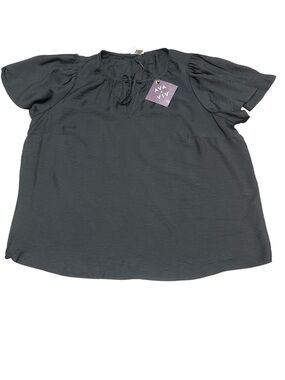 Ava & Viv Black Short-Sleeve Tie-Neck Blouse